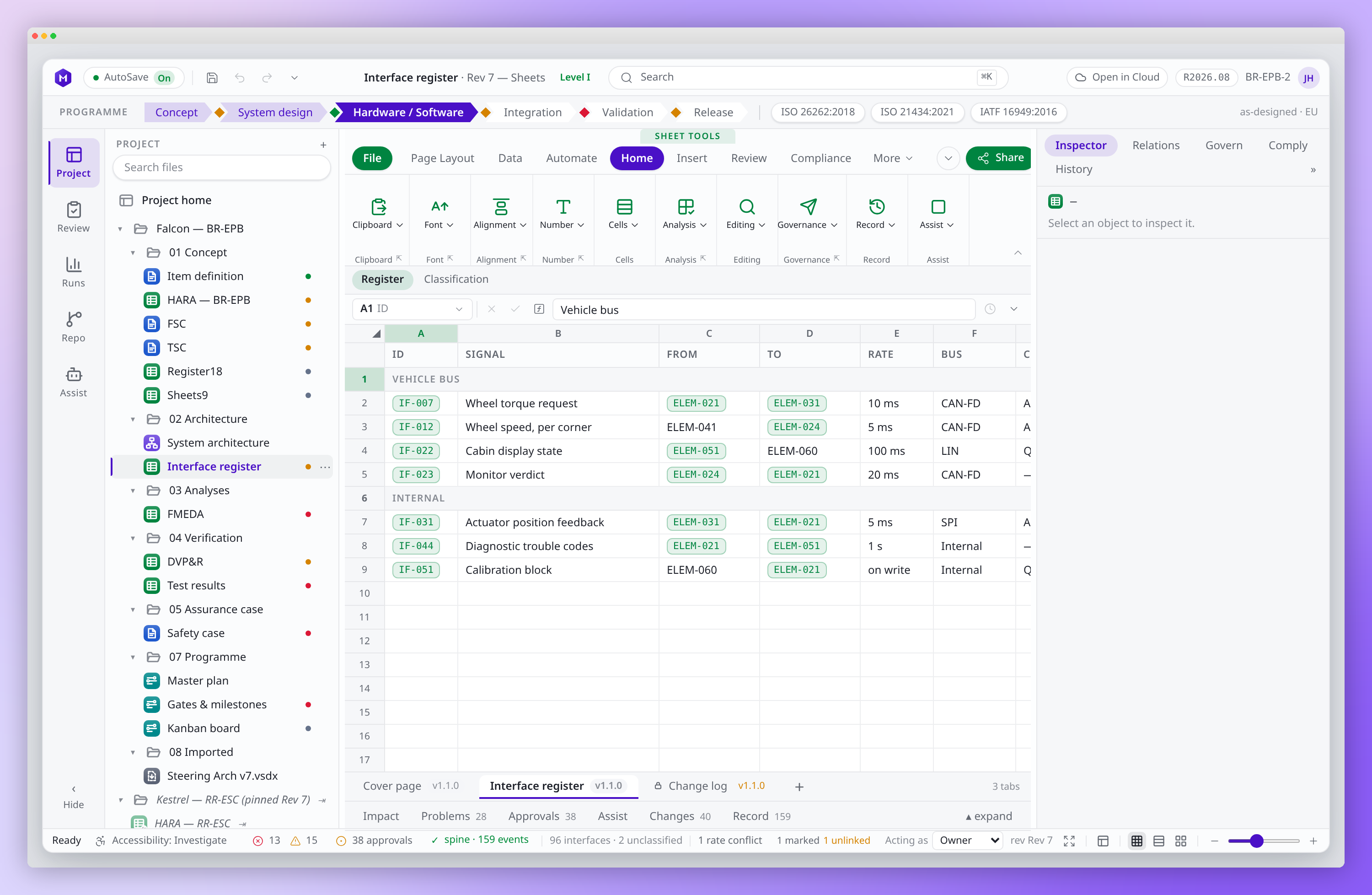 Interface register with linked source and destination elements